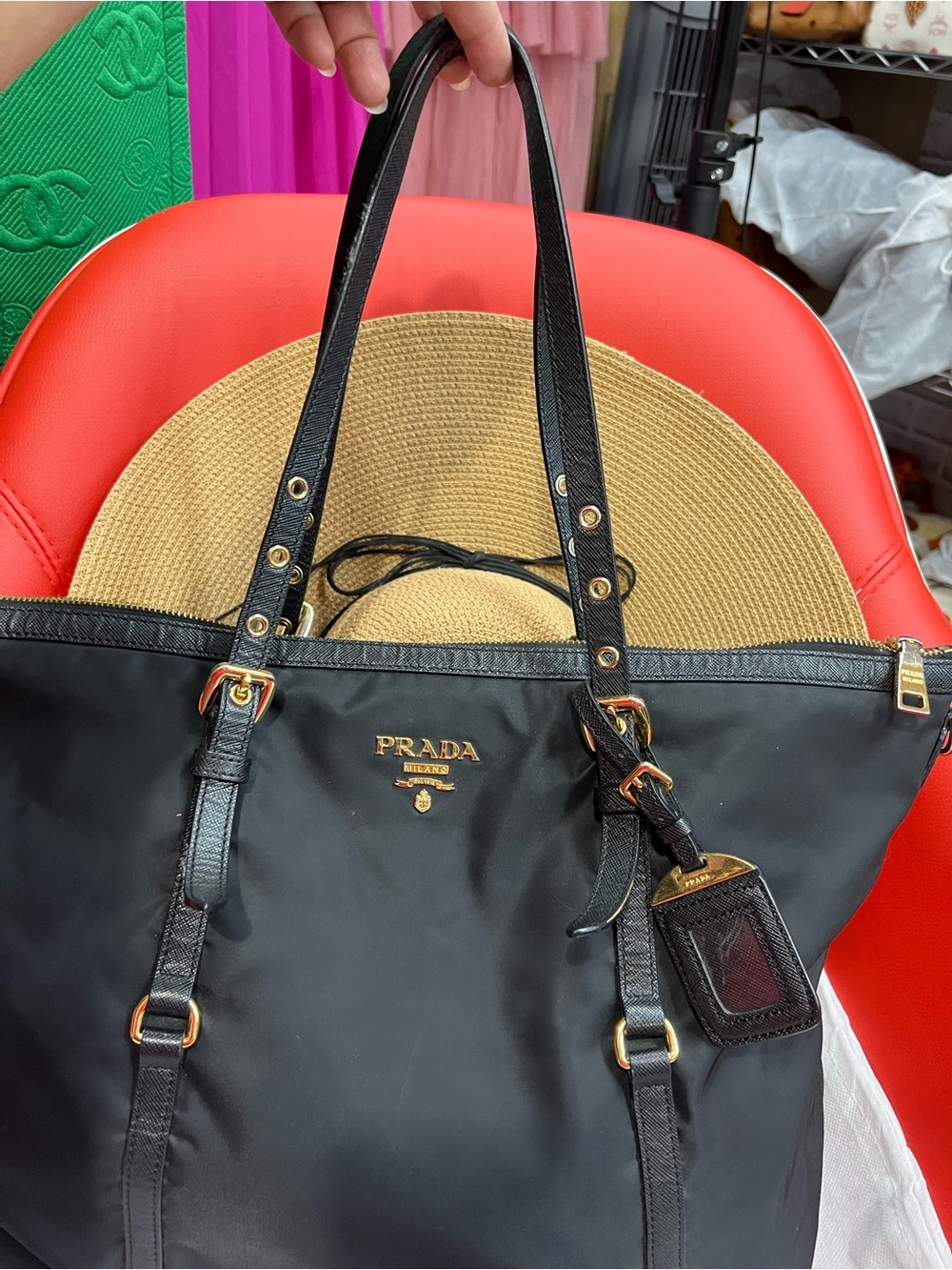 Prada Black Nylon Messenger Tote with Gold Hardware